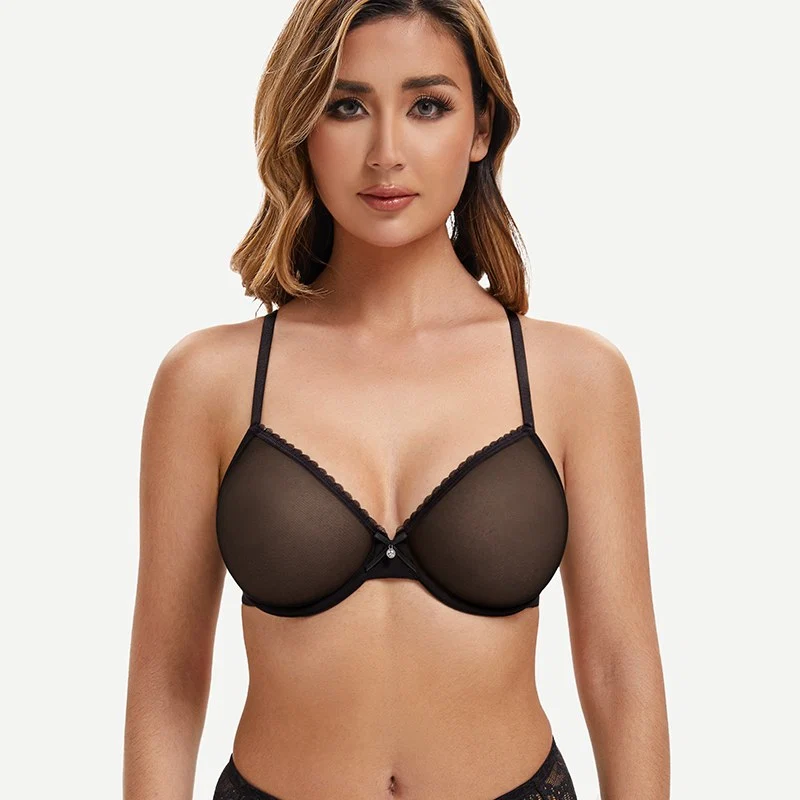 Breathable Unlined Sheer Bra with Underwire Support, Black - Image 2