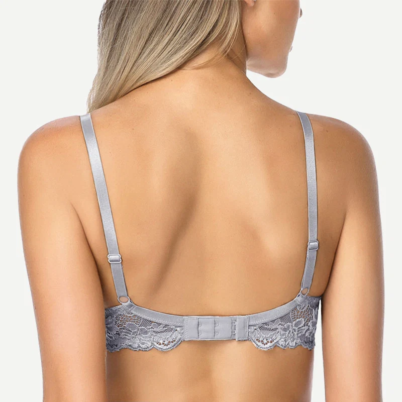 Floral Plunge Underwire Push Up Bra With Padded, Grey - Image 4
