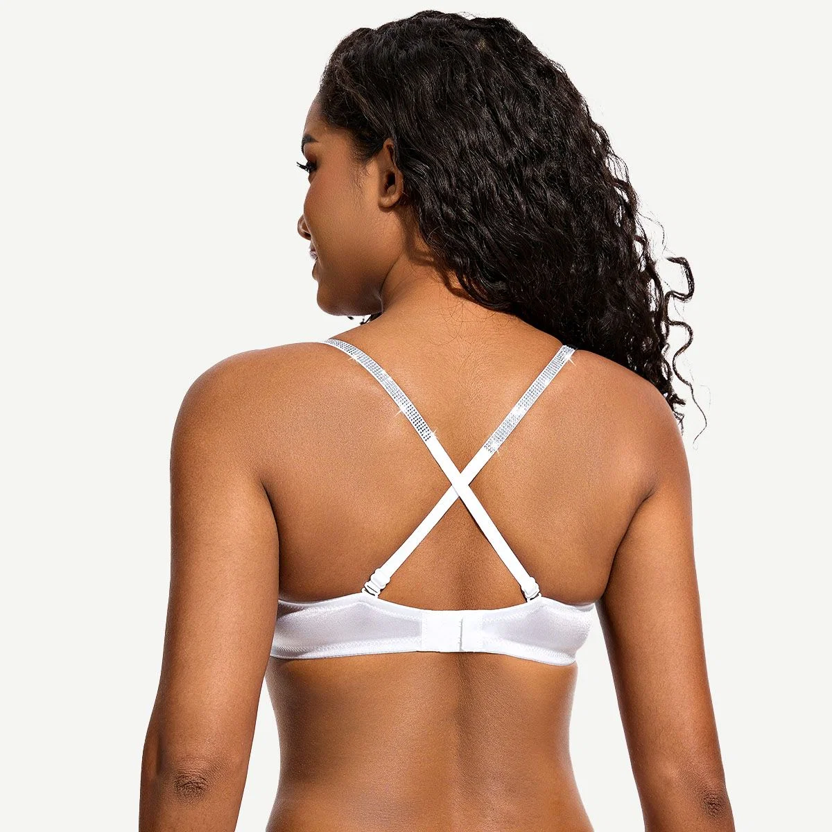 Front Closure Unlined Lace Underwire Bra with Rhinestone Straps, White - Image 4